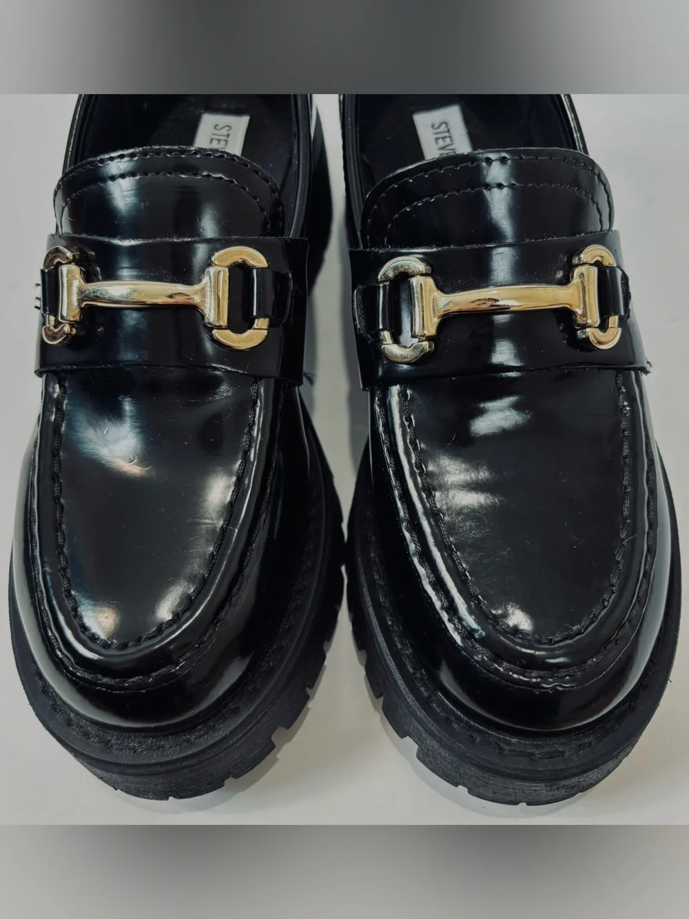 NEW Steve Madden Horsebit Lando Black Patent Chunky Platform Lug Sole Loafer 5.5